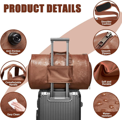 Leather Garment Bag Women, Carry on Garment Bag for Travel Convertible Garment Duffel Bag 2 in 1 Waterproof Foldable Travel Suit Bag Weekender Bag with Shoe Pouch