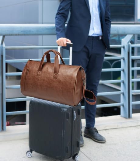 Leather Garment Bag Women, Carry on Garment Bag for Travel Convertible Garment Duffel Bag 2 in 1 Waterproof Foldable Travel Suit Bag Weekender Bag with Shoe Pouch
