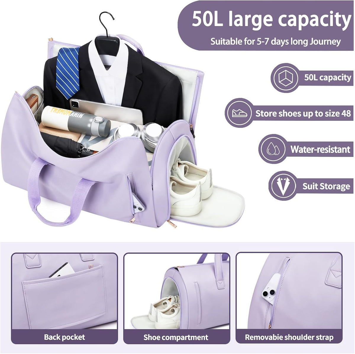 Leather Garment Bag Women, Carry on Garment Bag for Travel Convertible Garment Duffel Bag 2 in 1 Waterproof Foldable Travel Suit Bag Weekender Bag with Shoe Pouch