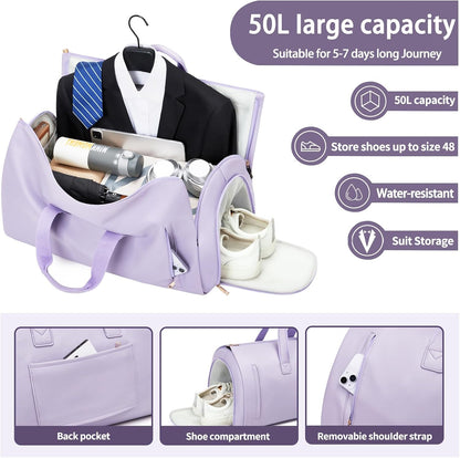 Leather Garment Bag Women, Carry on Garment Bag for Travel Convertible Garment Duffel Bag 2 in 1 Waterproof Foldable Travel Suit Bag Weekender Bag with Shoe Pouch