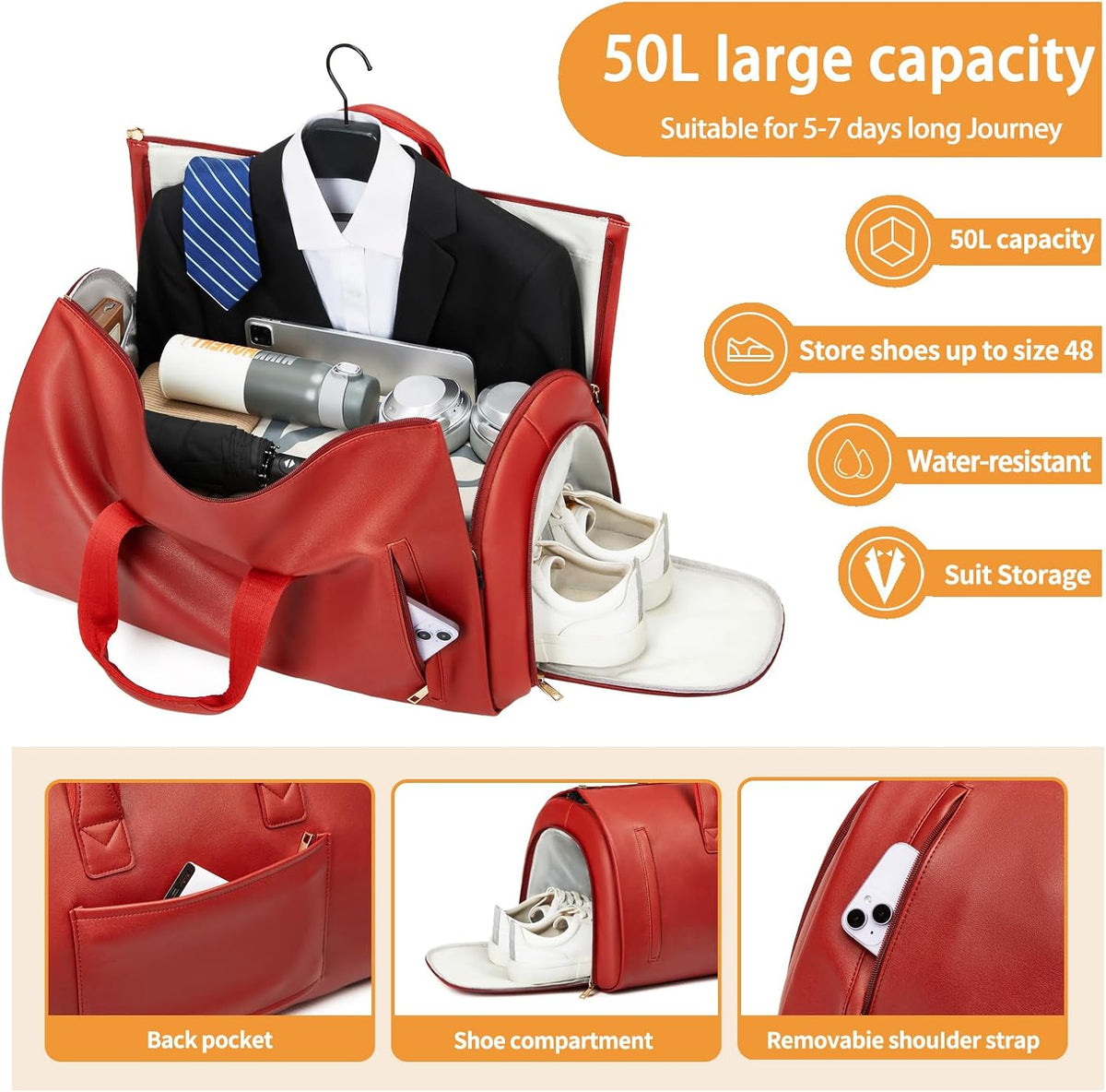 Leather Garment Bag Women, Carry on Garment Bag for Travel Convertible Garment Duffel Bag 2 in 1 Waterproof Foldable Travel Suit Bag Weekender Bag with Shoe Pouch