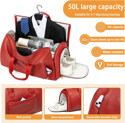 Leather Garment Bag Women, Carry on Garment Bag for Travel Convertible Garment Duffel Bag 2 in 1 Waterproof Foldable Travel Suit Bag Weekender Bag with Shoe Pouch