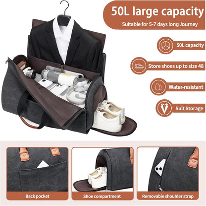 Leather Garment Bag Women, Carry on Garment Bag for Travel Convertible Garment Duffel Bag 2 in 1 Waterproof Foldable Travel Suit Bag Weekender Bag with Shoe Pouch