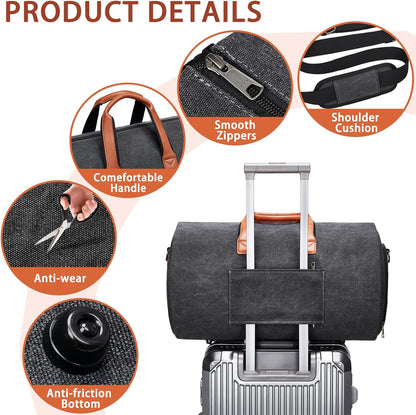 Leather Garment Bag Women, Carry on Garment Bag for Travel Convertible Garment Duffel Bag 2 in 1 Waterproof Foldable Travel Suit Bag Weekender Bag with Shoe Pouch