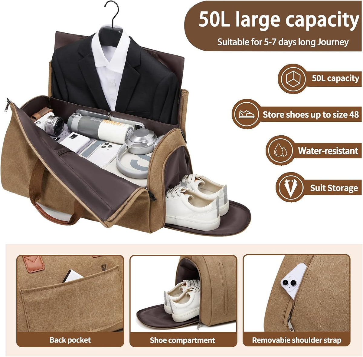 Leather Garment Bag Women, Carry on Garment Bag for Travel Convertible Garment Duffel Bag 2 in 1 Waterproof Foldable Travel Suit Bag Weekender Bag with Shoe Pouch