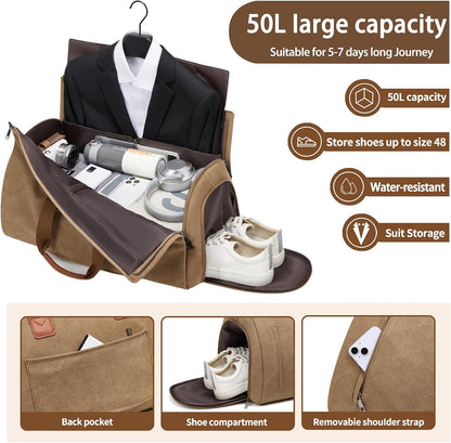 Leather Garment Bag Women, Carry on Garment Bag for Travel Convertible Garment Duffel Bag 2 in 1 Waterproof Foldable Travel Suit Bag Weekender Bag with Shoe Pouch