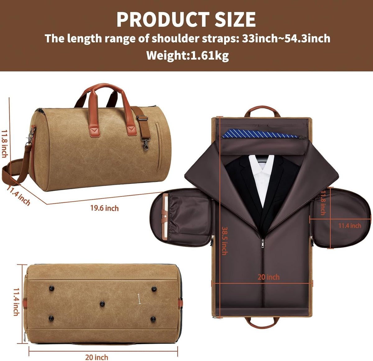 Leather Garment Bag Women, Carry on Garment Bag for Travel Convertible Garment Duffel Bag 2 in 1 Waterproof Foldable Travel Suit Bag Weekender Bag with Shoe Pouch