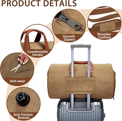 Leather Garment Bag Women, Carry on Garment Bag for Travel Convertible Garment Duffel Bag 2 in 1 Waterproof Foldable Travel Suit Bag Weekender Bag with Shoe Pouch