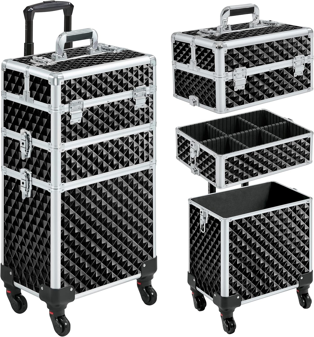 Rolling Makeup Train Case 3 in 1 Cosmetic Case Large Capacity Organizer with Swivel Wheels Key Cosmetic Trolley for Nail Tech Makeup - Black