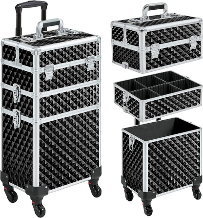 Rolling Makeup Train Case 3 in 1 Cosmetic Case Large Capacity Organizer with Swivel Wheels Key Cosmetic Trolley for Nail Tech Makeup - Black