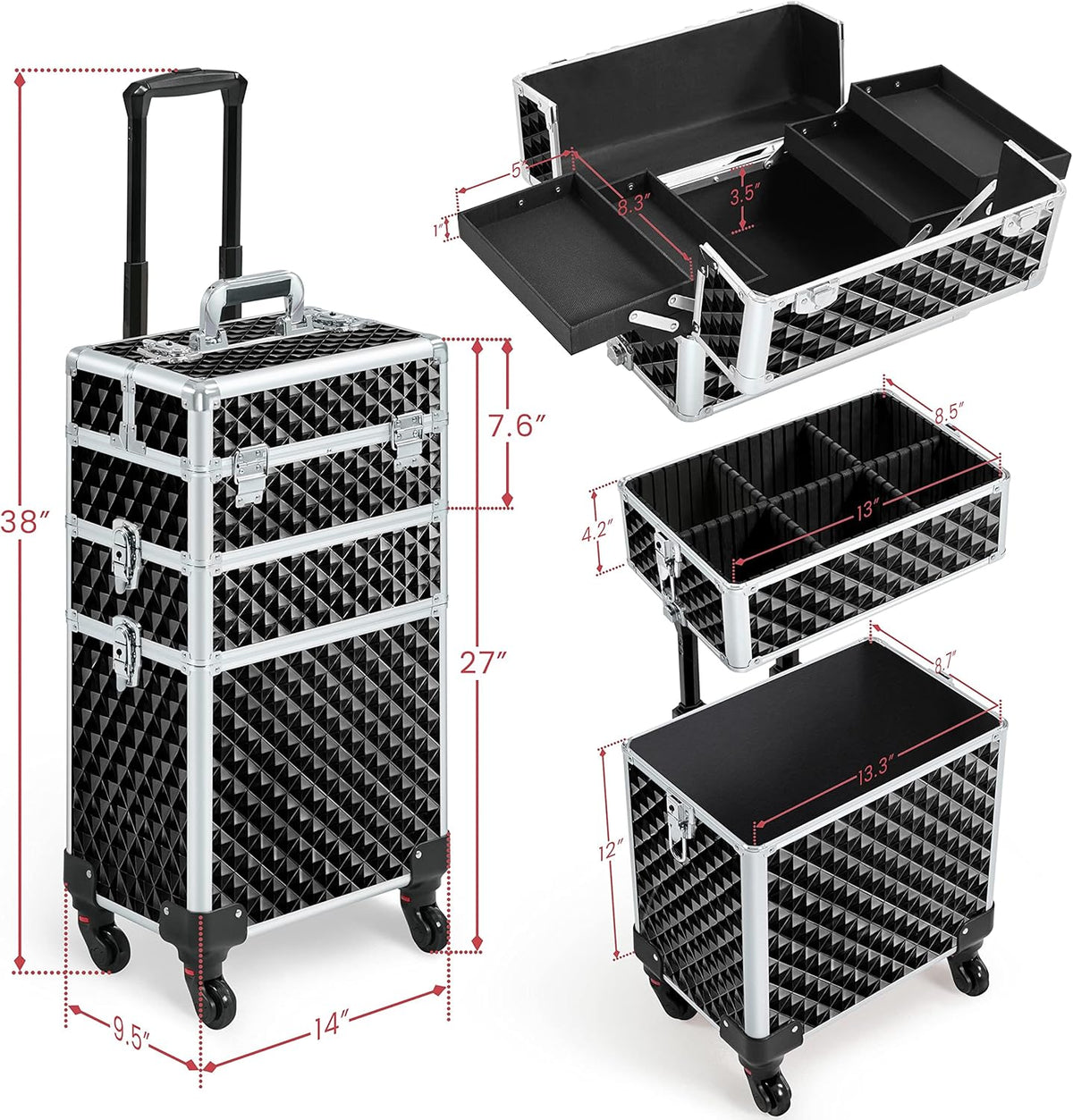Rolling Makeup Train Case 3 in 1 Cosmetic Case Large Capacity Organizer with Swivel Wheels Key Cosmetic Trolley for Nail Tech Makeup - Black