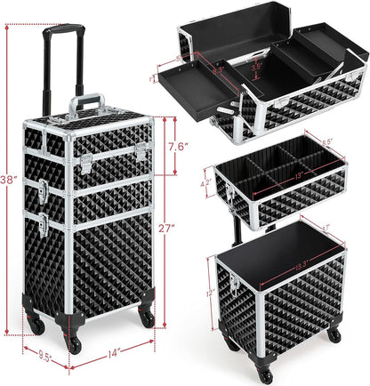 Rolling Makeup Train Case 3 in 1 Cosmetic Case Large Capacity Organizer with Swivel Wheels Key Cosmetic Trolley for Nail Tech Makeup - Black