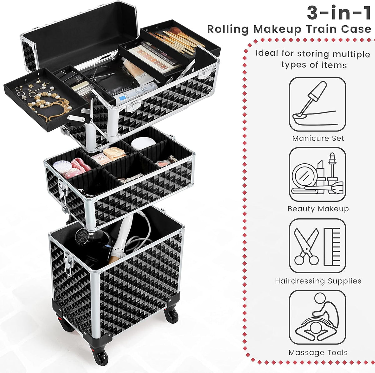 Rolling Makeup Train Case 3 in 1 Cosmetic Case Large Capacity Organizer with Swivel Wheels Key Cosmetic Trolley for Nail Tech Makeup - Black