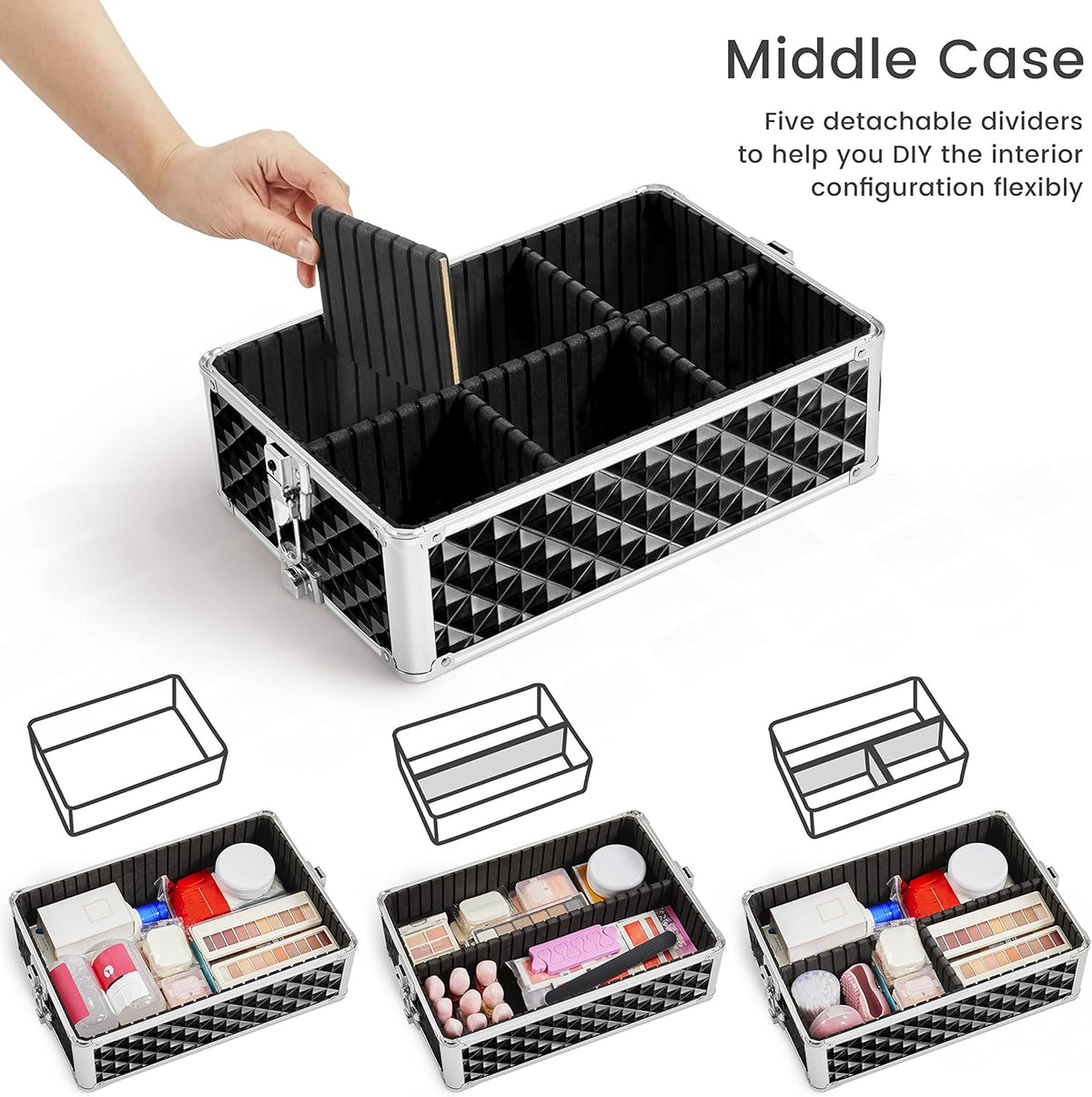 Rolling Makeup Train Case 3 in 1 Cosmetic Case Large Capacity Organizer with Swivel Wheels Key Cosmetic Trolley for Nail Tech Makeup - Black
