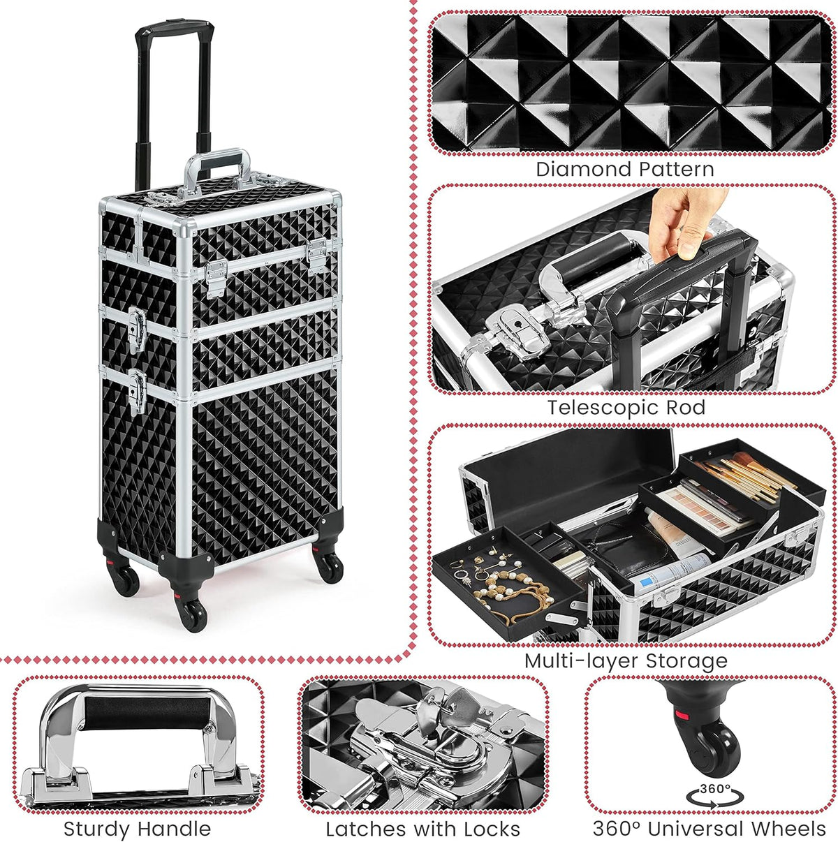 Rolling Makeup Train Case 3 in 1 Cosmetic Case Large Capacity Organizer with Swivel Wheels Key Cosmetic Trolley for Nail Tech Makeup - Black