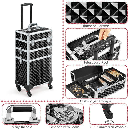 Rolling Makeup Train Case 3 in 1 Cosmetic Case Large Capacity Organizer with Swivel Wheels Key Cosmetic Trolley for Nail Tech Makeup - Black