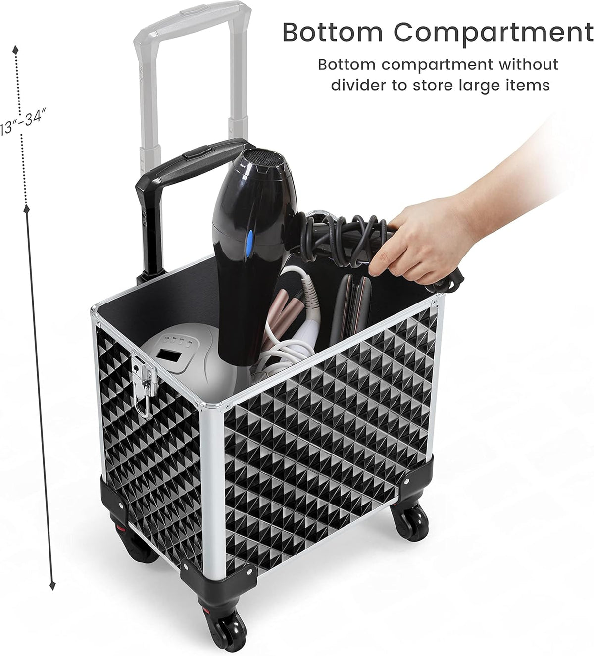 Rolling Makeup Train Case 3 in 1 Cosmetic Case Large Capacity Organizer with Swivel Wheels Key Cosmetic Trolley for Nail Tech Makeup - Black