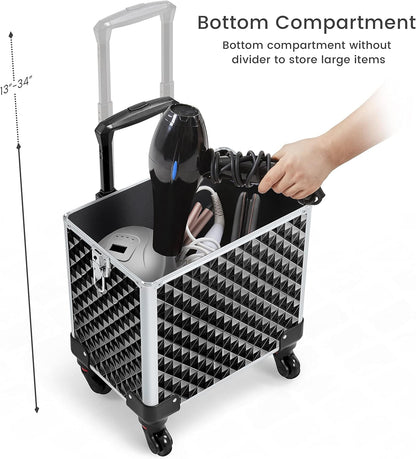 Rolling Makeup Train Case 3 in 1 Cosmetic Case Large Capacity Organizer with Swivel Wheels Key Cosmetic Trolley for Nail Tech Makeup - Black