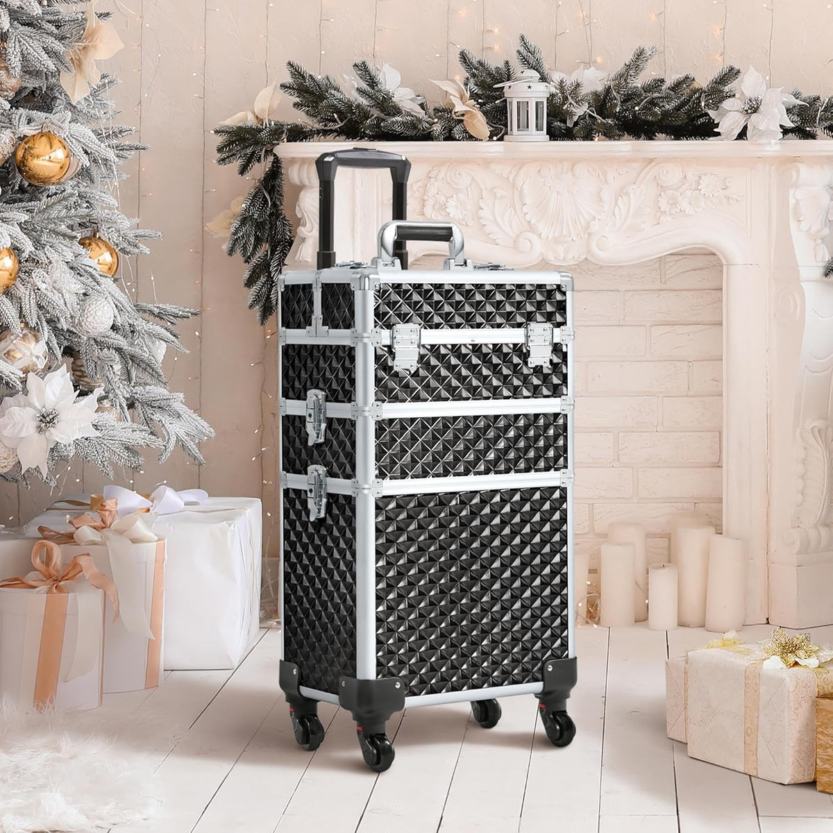 Rolling Makeup Train Case 3 in 1 Cosmetic Case Large Capacity Organizer with Swivel Wheels Key Cosmetic Trolley for Nail Tech Makeup - Black