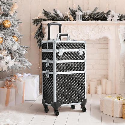 Rolling Makeup Train Case 3 in 1 Cosmetic Case Large Capacity Organizer with Swivel Wheels Key Cosmetic Trolley for Nail Tech Makeup - Black