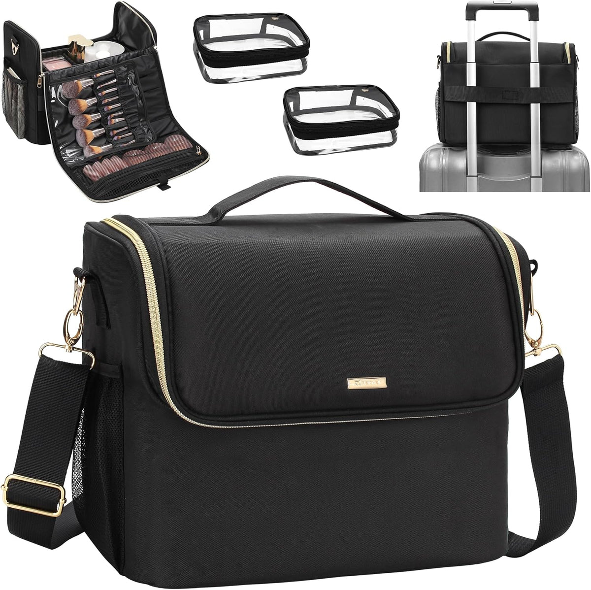 Large Makeup Carrying Train Case, Makeup Bag with 2 Small Bags, Professional Makeup Artist Bag Tattoo Case Travel Makeup Organizer Box with Adjustable Dividers and Shoulder Strap (Black)
