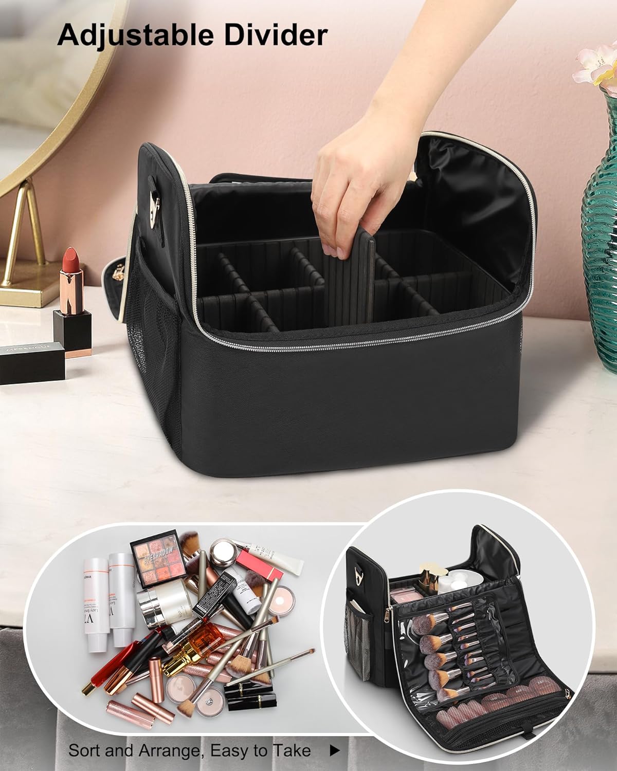 Large Makeup Carrying Train Case, Makeup Bag with 2 Small Bags, Professional Makeup Artist Bag Tattoo Case Travel Makeup Organizer Box with Adjustable Dividers and Shoulder Strap (Black)