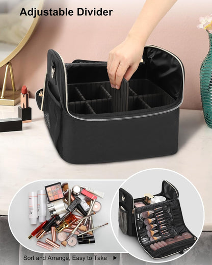 Large Makeup Carrying Train Case, Makeup Bag with 2 Small Bags, Professional Makeup Artist Bag Tattoo Case Travel Makeup Organizer Box with Adjustable Dividers and Shoulder Strap (Black)