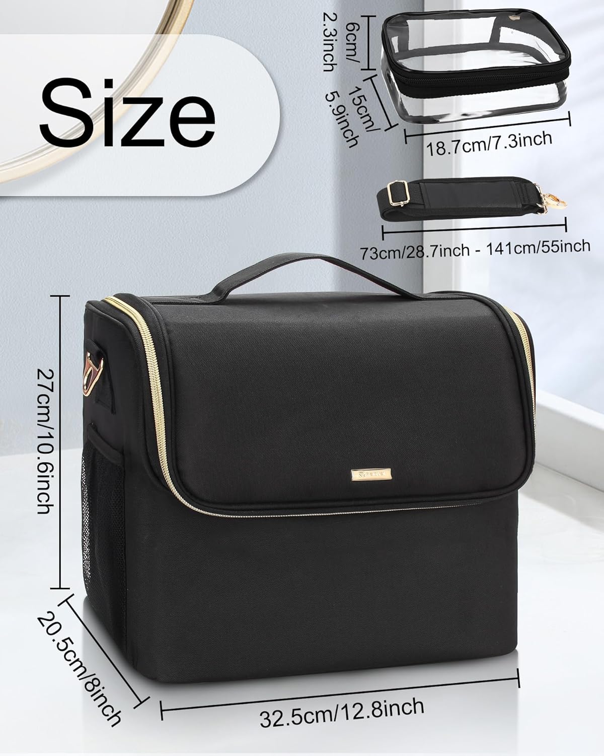 Large Makeup Carrying Train Case, Makeup Bag with 2 Small Bags, Professional Makeup Artist Bag Tattoo Case Travel Makeup Organizer Box with Adjustable Dividers and Shoulder Strap (Black)