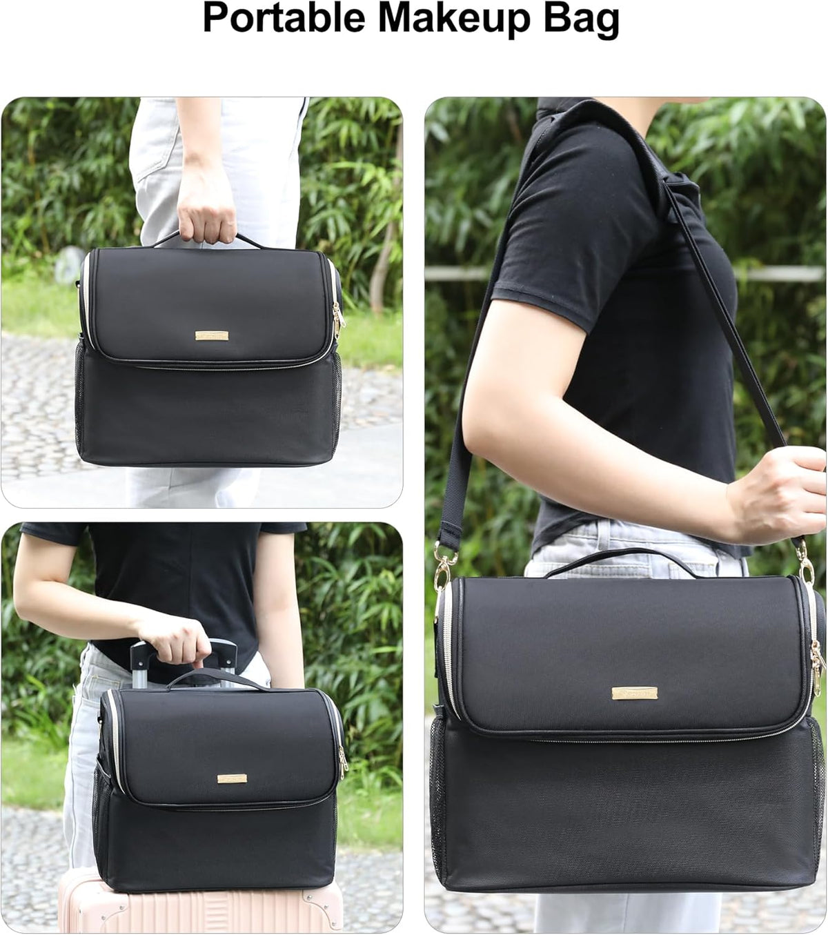 Large Makeup Carrying Train Case, Makeup Bag with 2 Small Bags, Professional Makeup Artist Bag Tattoo Case Travel Makeup Organizer Box with Adjustable Dividers and Shoulder Strap (Black)