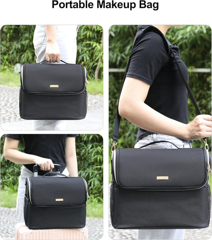 Large Makeup Carrying Train Case, Makeup Bag with 2 Small Bags, Professional Makeup Artist Bag Tattoo Case Travel Makeup Organizer Box with Adjustable Dividers and Shoulder Strap (Black)
