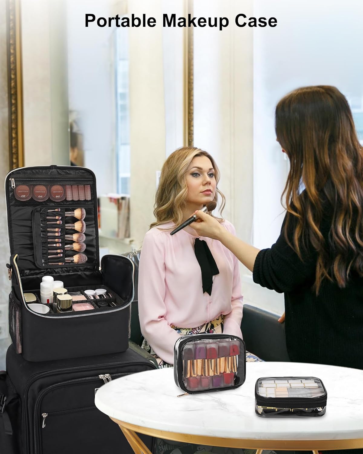 Large Makeup Carrying Train Case, Makeup Bag with 2 Small Bags, Professional Makeup Artist Bag Tattoo Case Travel Makeup Organizer Box with Adjustable Dividers and Shoulder Strap (Black)