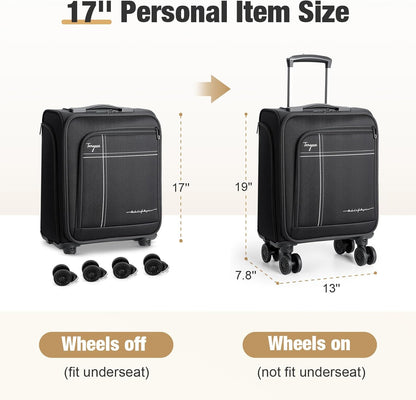 Softside Carry on Luggage Airline Approved, 17 Inch Underseat Carry-on Luggage with Removable Spinner Wheels, Small Personal Item Suitcase for Travel Business (Black, 17 inch_Underseat)