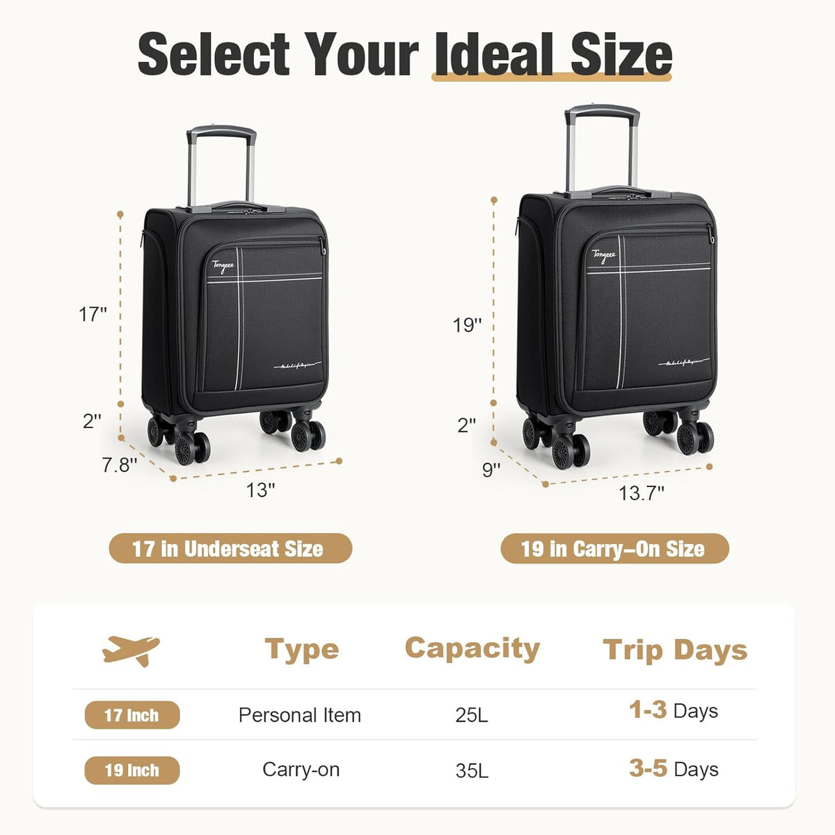 Softside Carry on Luggage Airline Approved, 17 Inch Underseat Carry-on Luggage with Removable Spinner Wheels, Small Personal Item Suitcase for Travel Business (Black, 17 inch_Underseat)