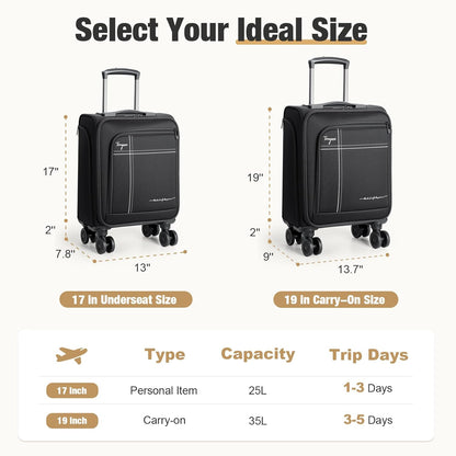 Softside Carry on Luggage Airline Approved, 17 Inch Underseat Carry-on Luggage with Removable Spinner Wheels, Small Personal Item Suitcase for Travel Business (Black, 17 inch_Underseat)