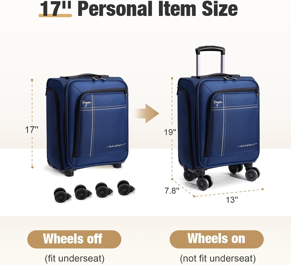 Softside Carry on Luggage Airline Approved, 17 Inch Underseat Carry-on Luggage with Removable Spinner Wheels, Small Personal Item Suitcase for Travel Business (Black, 17 inch_Underseat)