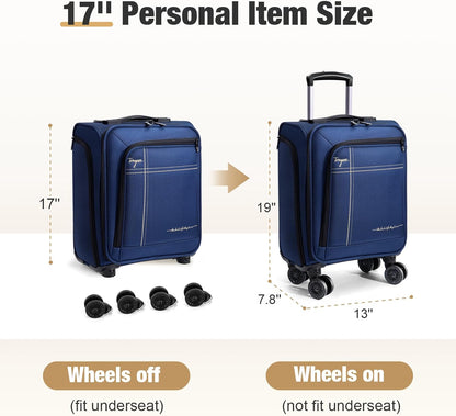 Softside Carry on Luggage Airline Approved, 17 Inch Underseat Carry-on Luggage with Removable Spinner Wheels, Small Personal Item Suitcase for Travel Business (Black, 17 inch_Underseat)