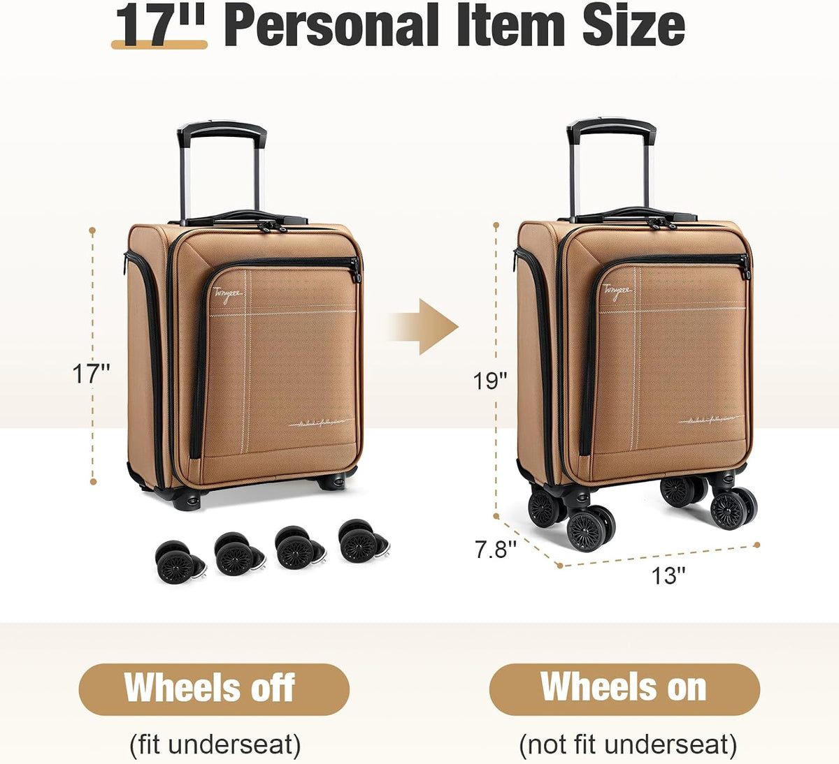 Softside Carry on Luggage Airline Approved, 17 Inch Underseat Carry-on Luggage with Removable Spinner Wheels, Small Personal Item Suitcase for Travel Business (Black, 17 inch_Underseat)