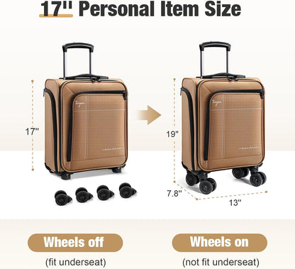 Softside Carry on Luggage Airline Approved, 17 Inch Underseat Carry-on Luggage with Removable Spinner Wheels, Small Personal Item Suitcase for Travel Business (Black, 17 inch_Underseat)