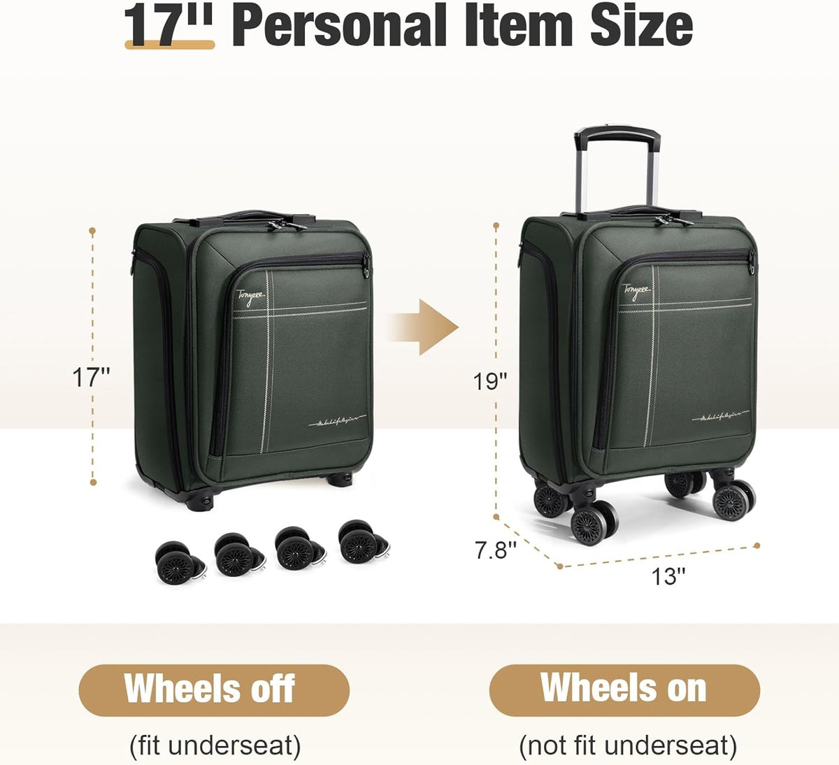 Softside Carry on Luggage Airline Approved, 17 Inch Underseat Carry-on Luggage with Removable Spinner Wheels, Small Personal Item Suitcase for Travel Business (Black, 17 inch_Underseat)