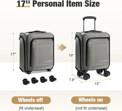 Softside Carry on Luggage Airline Approved, 17 Inch Underseat Carry-on Luggage with Removable Spinner Wheels, Small Personal Item Suitcase for Travel Business (Black, 17 inch_Underseat)