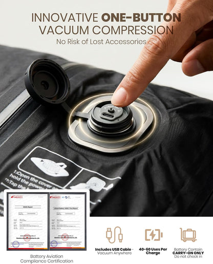 Vacuum Travel Backpack,One-Touch Compression,Converts to Crossbody | Built-in Electric Pump,Carry On,900D Water-Repellent Oxford, Wet/Dry & Shoe Compartments, Anti-Theft Zipper, Fits 17" Laptop