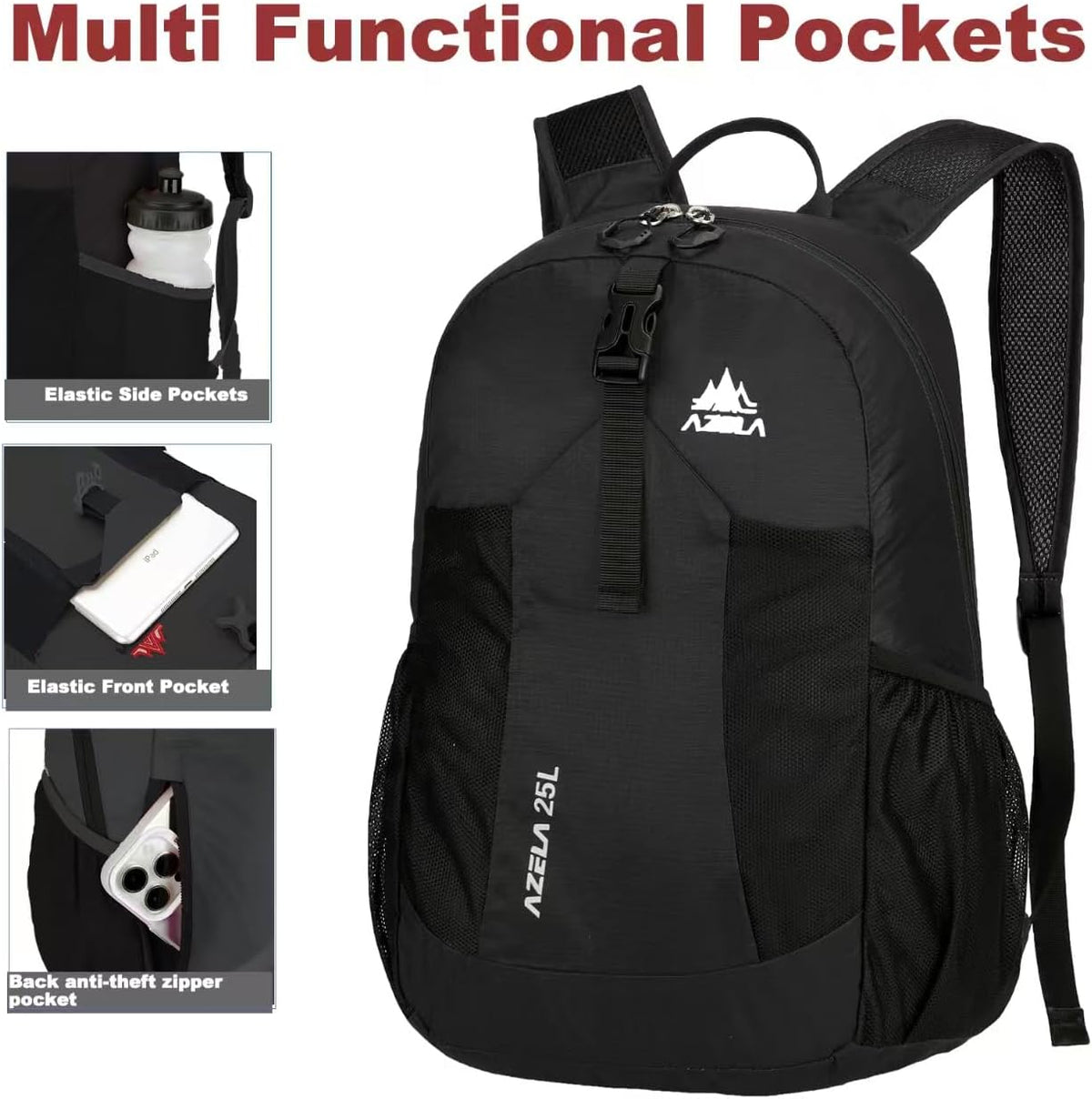 Lightweight Packable Backpack 25L Small Lightweight Backpack for Travel Hiking Daypack Foldable Daypack for Women Men Black