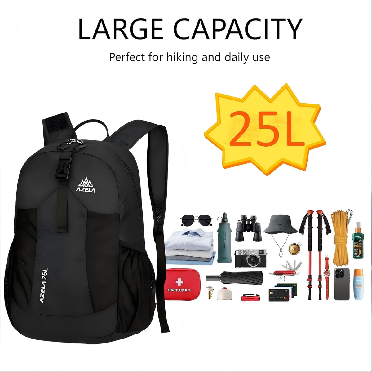 Lightweight Packable Backpack 25L Small Lightweight Backpack for Travel Hiking Daypack Foldable Daypack for Women Men Black
