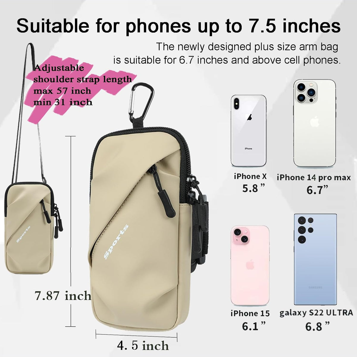 Phone Holder Arm Bands, Small Crossbody Shoulder Holsters Bag with Arm Band, Fits iPhone and All Cell Phones, Use for Running, Walking, Hiking & Biking (Plus Size,Blue)