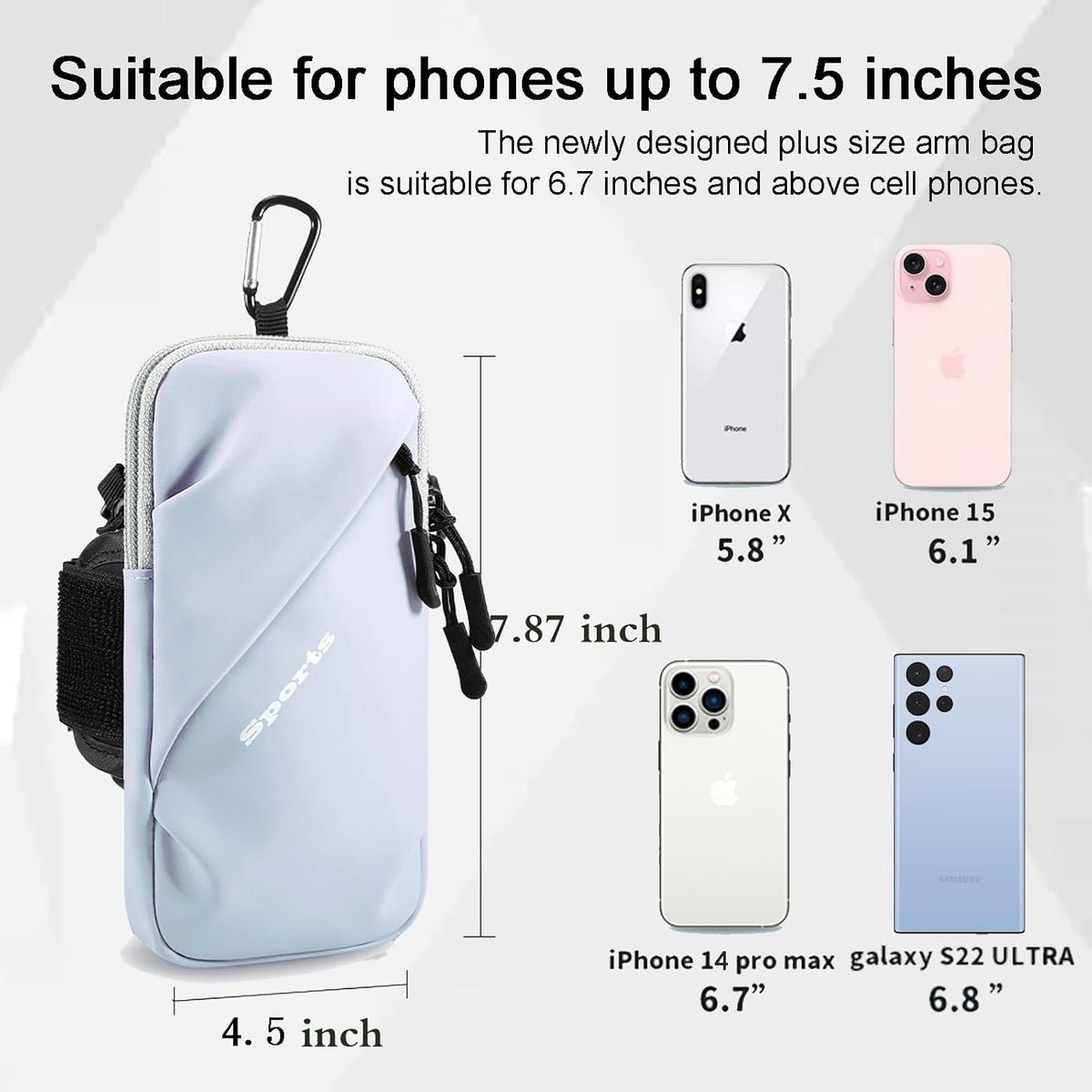 Phone Holder Arm Bands, Small Crossbody Shoulder Holsters Bag with Arm Band, Fits iPhone and All Cell Phones, Use for Running, Walking, Hiking & Biking (Plus Size,Blue)