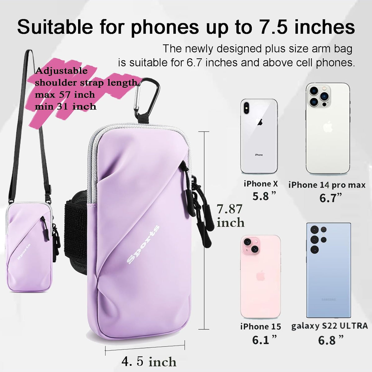Phone Holder Arm Bands, Small Crossbody Shoulder Holsters Bag with Arm Band, Fits iPhone and All Cell Phones, Use for Running, Walking, Hiking & Biking (Plus Size,Blue)