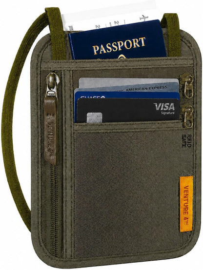 RFID Blocking Travel Neck Wallet for Women & Men – Security Neck Pouch Passport Holder with Adjustable Strap & Water-Resistant Nylon Lining (Green)