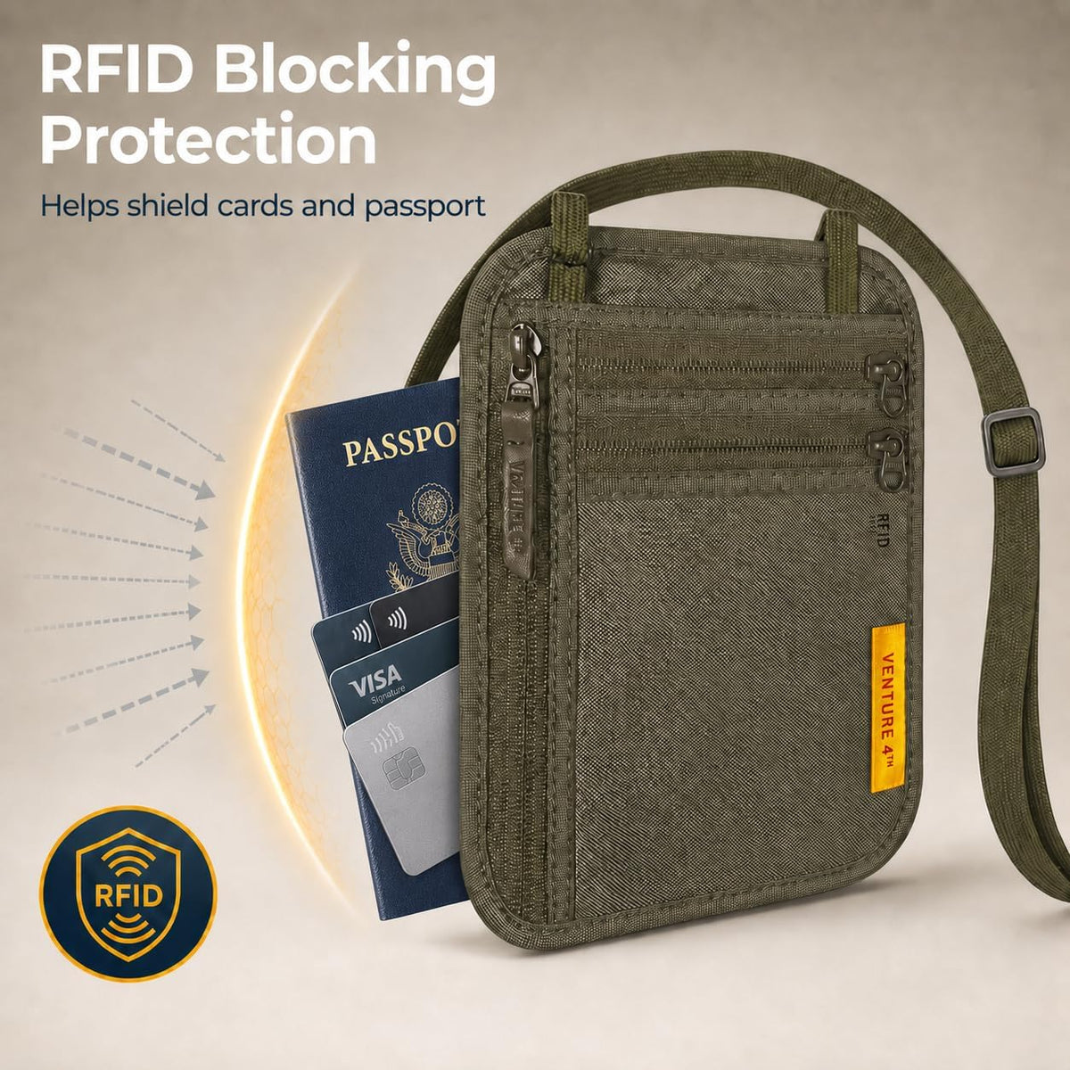 RFID Blocking Travel Neck Wallet for Women & Men – Security Neck Pouch Passport Holder with Adjustable Strap & Water-Resistant Nylon Lining (Green)