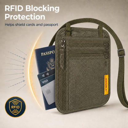 RFID Blocking Travel Neck Wallet for Women & Men – Security Neck Pouch Passport Holder with Adjustable Strap & Water-Resistant Nylon Lining (Green)