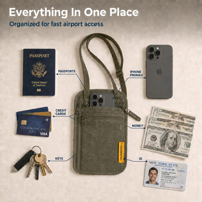 RFID Blocking Travel Neck Wallet for Women & Men – Security Neck Pouch Passport Holder with Adjustable Strap & Water-Resistant Nylon Lining (Green)